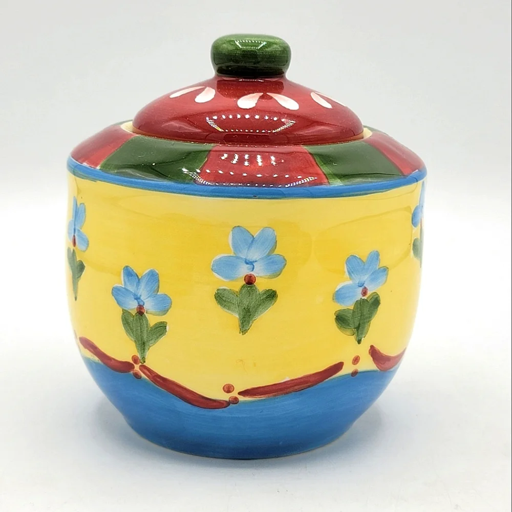 Dansk Taboo Saffron Hand Painted Floral Folk Art Sugar Bowl with Lid Vintage
